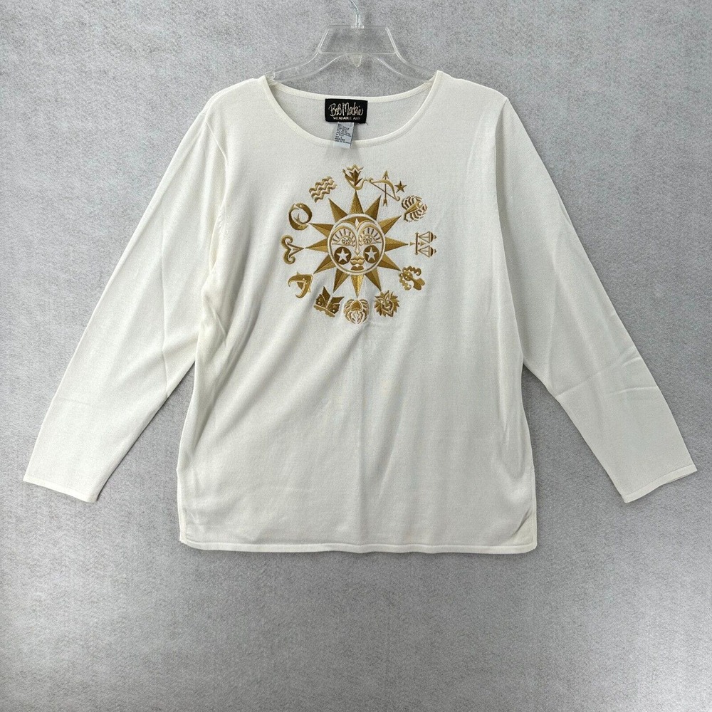 Bob Mackie Tunic Sweater‎ Top Womens LARGE Ivory Embroidered Zodiac Astrology